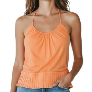 NWT RAMY BROOK Orange Sleeveless Halter Tie Neck Pleated Hem Top Size Large